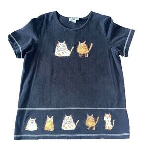 Vintage TY Wear T-Shirt Black Kitty Cats Large 100% Cotton Meow Whimsical